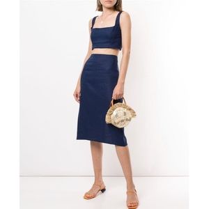 Reformation Navy Linen A-Line High Waisted Knee Length Skirt